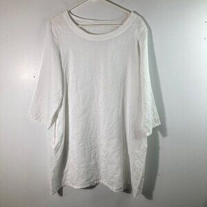 Womens Linen Tunic Round Neck 3/4 Sleeve  White L‎ Linen Pockets